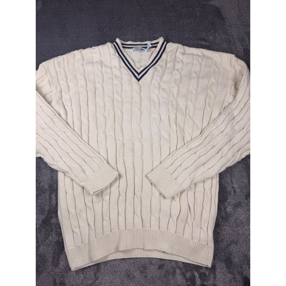 Cherokee Vintage Cable Knit V-Neck Sweater XL Cream Navy Made in USA Mens
